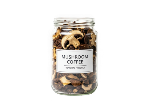 Trendy jar of mushroom coffee product for healthy lifestyle advertising