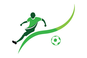 Green soccer player kicking ball with abstract swirl