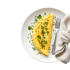 A golden omelet garnished with fresh green herbs and chives served on a white plate with a fork and napkin on a black background