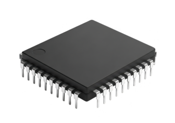 Black integrated circuit chip with many pins, isolated on transparent background