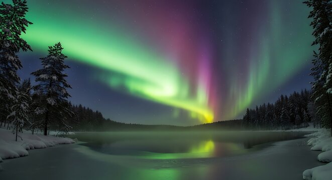 A breathtaking display of the Aurora Borealis, painting the night sky with vibrant green and magenta light over a frozen, mist-covered lake and snow-dusted pine forest.