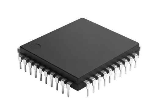 Black integrated circuit chip with many pins, isolated on transparent background