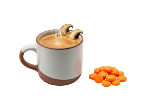 Mushroom coffee with orange vitamin supplements for wellness enthusiasts