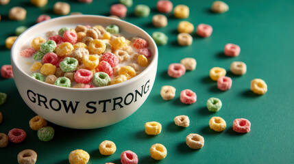 Motivational grow strong message on bowl of colorful cereal with milk. healthy breakfast food providing good nutrition for positive diet
