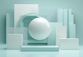Pastel geometric shapes, a floating sphere.  Light teal backdrop