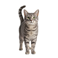 A Gray Tabby Cat Stands Facing Forward On A Transparent Background With A Plain Background And Soft Studio Lighting