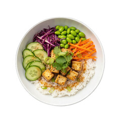 A Healthy Tofu and Vegetable Rice Bowl With Fresh Ingredients and Sesame Seeds on a White Background Studio Shot