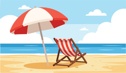 Relaxing beach scene with red striped umbrella and chair facing calm ocean under blue sky with clouds, perfect for vacation themes