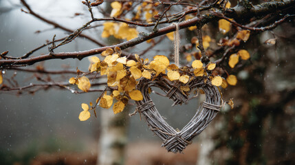 Romantic heart shape wreath hanging on tree branch with yellow autumn leaf. beautiful symbol of love in nature for tranquil fall day