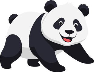 Playful cartoon panda with smiling face and bright eyes in dynamic walking pose on white background vector illustration