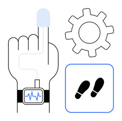 Hand with health tracker smartwatch, pulse display, gear representing system operation, and footsteps in square box. Ideal for health tech, fitness tracking, innovation, progress, healthcare