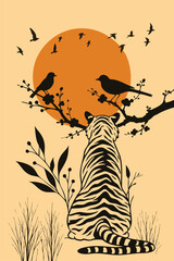 In a moment of quiet grace, a tiger gazes at a sunset sky filled with birds. This elegant silhouette, inspired by Asian art, captures the tranquil, wild heart of nature. A story in a single image.