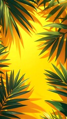 Obraz premium Lush green palm fronds cast shadows on a vibrant yellow backdrop, framing a central space