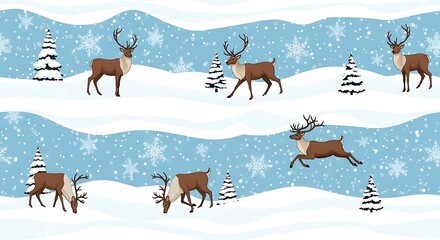 A whimsical, seamless winter pattern featuring cartoon reindeer walking and grazing across snowy hillsides, interspersed with snow-covered pine trees and large white falling snowflakes on a light blue
