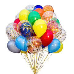 A Large Cluster Of Colorful Balloons Filled With Golden Confetti Floating Against A Black Background For Party Decorations And Celebrations