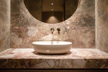 Luxurious bathroom vanity with a sleek marble countertop and a modern vessel sink illuminated by soft overhead lighting
