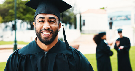 College, graduation and portrait of happy man outdoor for university success, achievement and milestone. Graduate, student and person on campus to celebrate education, learning or studying goals