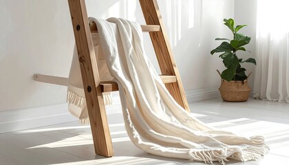 A light-filled room showcases a wooden ladder draped with a textured ivory blanket. A potted plant sits nearby