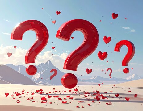 Large red question marks floating amidst scattered hearts in a serene landscape - Powered by Adobe