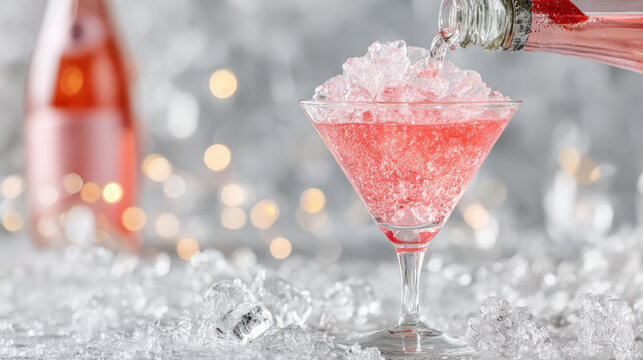 Refreshing pink cocktail drink poured into glass full of crushed ice. festive celebration party background with beautiful bokeh light - Powered by Adobe