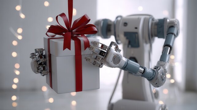 christmas festival Robot holding a gift box with a bow in a festive setting.