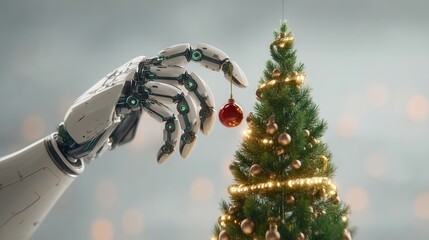 christmas festival A robotic hand decorates a Christmas tree with a festive ornament.