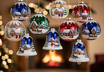 Collection of festive christmas ornaments with winter village scenes hanging in front of a fireplace