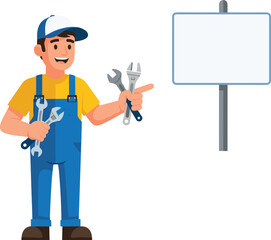 Smiling handyman in blue overalls holding tools and pointing at blank signboard for customizable repair or service advertisement