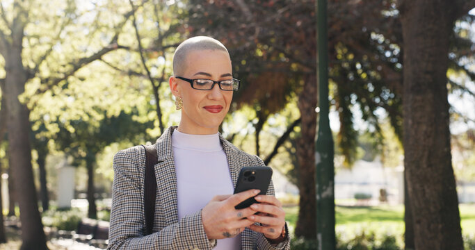 Phone, reading and business woman in park for communication, social media and search. Commute, networking app and connection with person and mobile outdoor for professional, contact and travel - Powered by Adobe