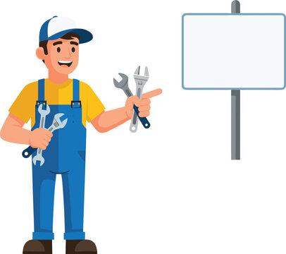 Smiling handyman in blue overalls holding tools and pointing at blank signboard for customizable repair or service advertisement