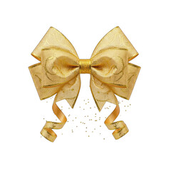 A Luxurious Golden Glitter Bow with Shimmering Particles and Flowing Ribbons Isolated on a Transparent Background Symbolizing Celebration and Elegance