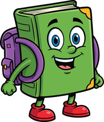 Smiling green book cartoon character with backpack, red shoes, and friendly face, ideal for educational or reading-themed designs