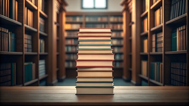 Book stack in library study room with old bookshelf for business and education background, class learning and back to school concept