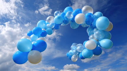 Joyful blue and white balloon cluster forming an arch against sky with cloud. light and festive decoration for an outdoor celebration