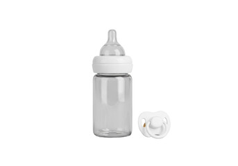Premium clear glass baby bottle with white nipple, transparent pacifier, isolated on transparent background, high-key lighting, concept for minimalist baby product advertising