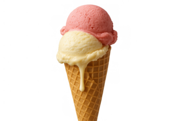 Two scoops of strawberry and vanilla ice cream melting down a waffle cone, symbolizing sweet indulgence and summer treats. Transparent background
