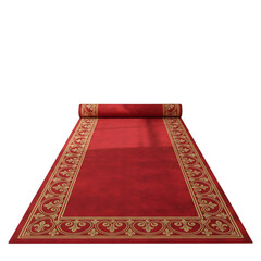A luxurious red carpet with an ornate gold border is unrolled and presented on a transparent background symbolizing elegance and special events