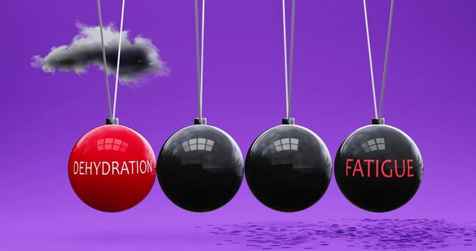 Dehydration leads to fatigue. Cause and effect relation between dehydration and fatigue. Vicious cycle. Negative repeating pattern.