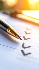 Close-up of a pen touching a checklist with marked checkmarks. Sunlit background, shallow depth of field, highlighting the pen's tip