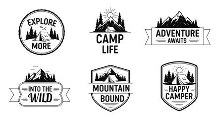 Fototapeta premium A collection of six monochrome vintage-style logos and emblems for camping and outdoor adventures.
