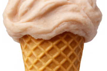 Refreshing soft serve ice cream dessert in a crispy waffle cone, closeup view with transparent background