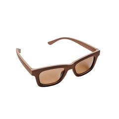 A pair of brown framed eyeglasses with amber tinted lenses isolated on a black background showcasing a studio product shot with professional lighting and detail