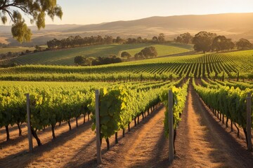 Fototapeta premium Weingut im Morgenlicht – Weinfelder in Tasmanien