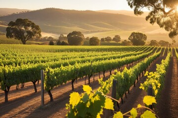 Fototapeta premium Weingut im Morgenlicht – Weinfelder in Tasmanien