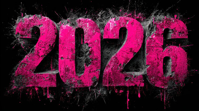 Bold pink grunge splatter text for new year 2026 on dark background. An energetic and modern design for future celebrations