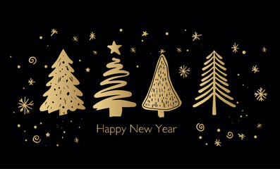 Golden Hand-Drawn Christmas Trees for New Year Celebration