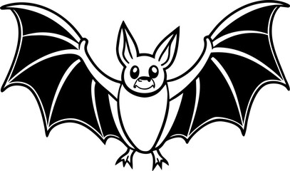 A monochrome, linework illustration of a bat with its wings spread wide. The bat is centered in the image, facing the viewer directly. Its body is small and rounded, with short, clawed feet. The wings