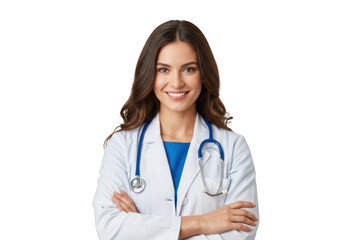 A smiling female doctor wearing a white lab coat and stethoscope, arms crossed, isolated on transparent background