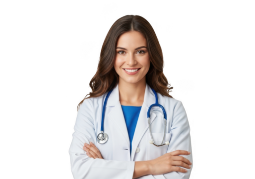 A smiling female doctor wearing a white lab coat and stethoscope, arms crossed, isolated on transparent background