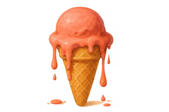 Melting pink ice cream in waffle cone with dripping swirl and drops on transparent background